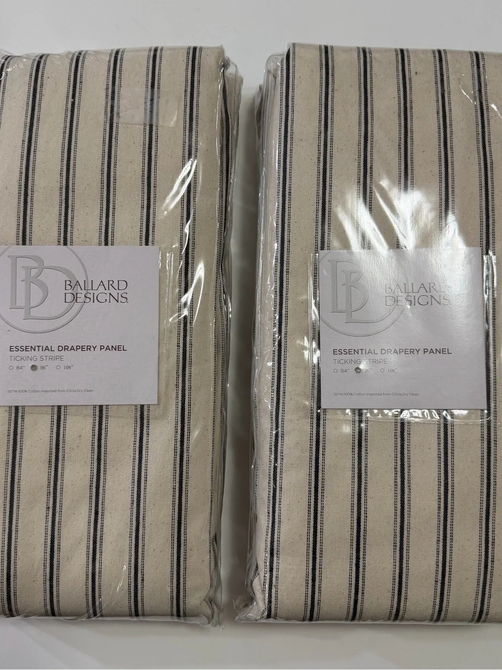 Set/2 Ballard Designs Essential Drapery Panels - 96” x 50” Black Ticking Stripe